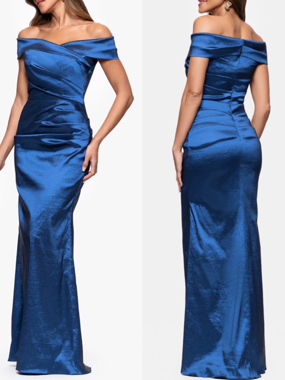NEW XSCAPE Indigo Blue OFF THE SHOULDER Taffeta METALLIC Pleated EVENING GOWN 12
